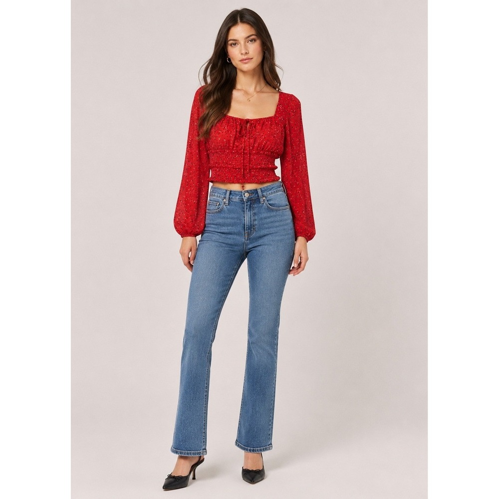 Free People Red Floral Smocked Crop Top Long Sleeve Country Boho Blouse Medium